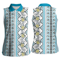 Hawaii Makahiki Turtle Women Sleeveless Polo Shirt Blue Tapa Pattern - Polynesian Pride