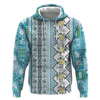 Hawaii Makahiki Turtle Zip Hoodie Blue Tapa Pattern - Polynesian Pride