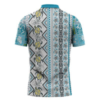 Hawaii Makahiki Turtle Zipper Polo Shirt Blue Tapa Pattern - Polynesian Pride