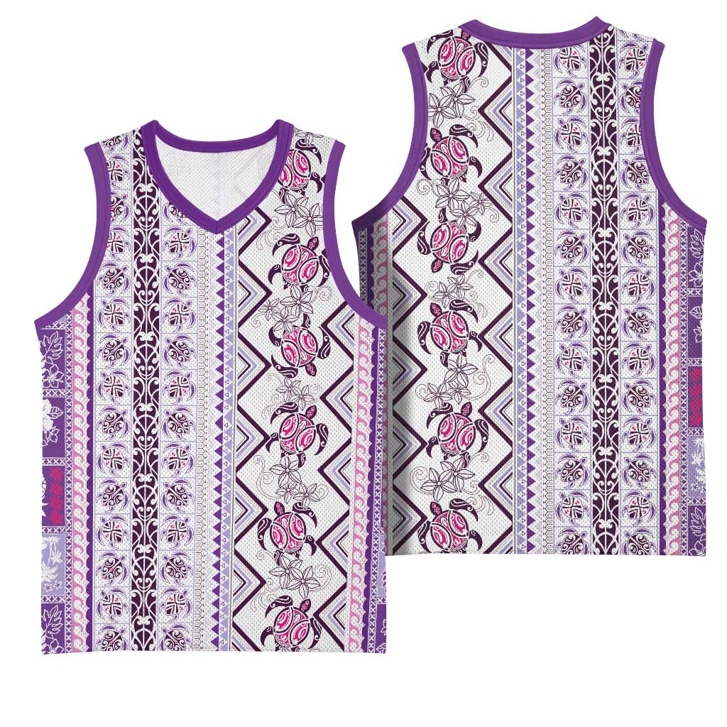 Hawaii Makahiki Turtle Basketball Jersey Violet Tapa Pattern - Polynesian Pride