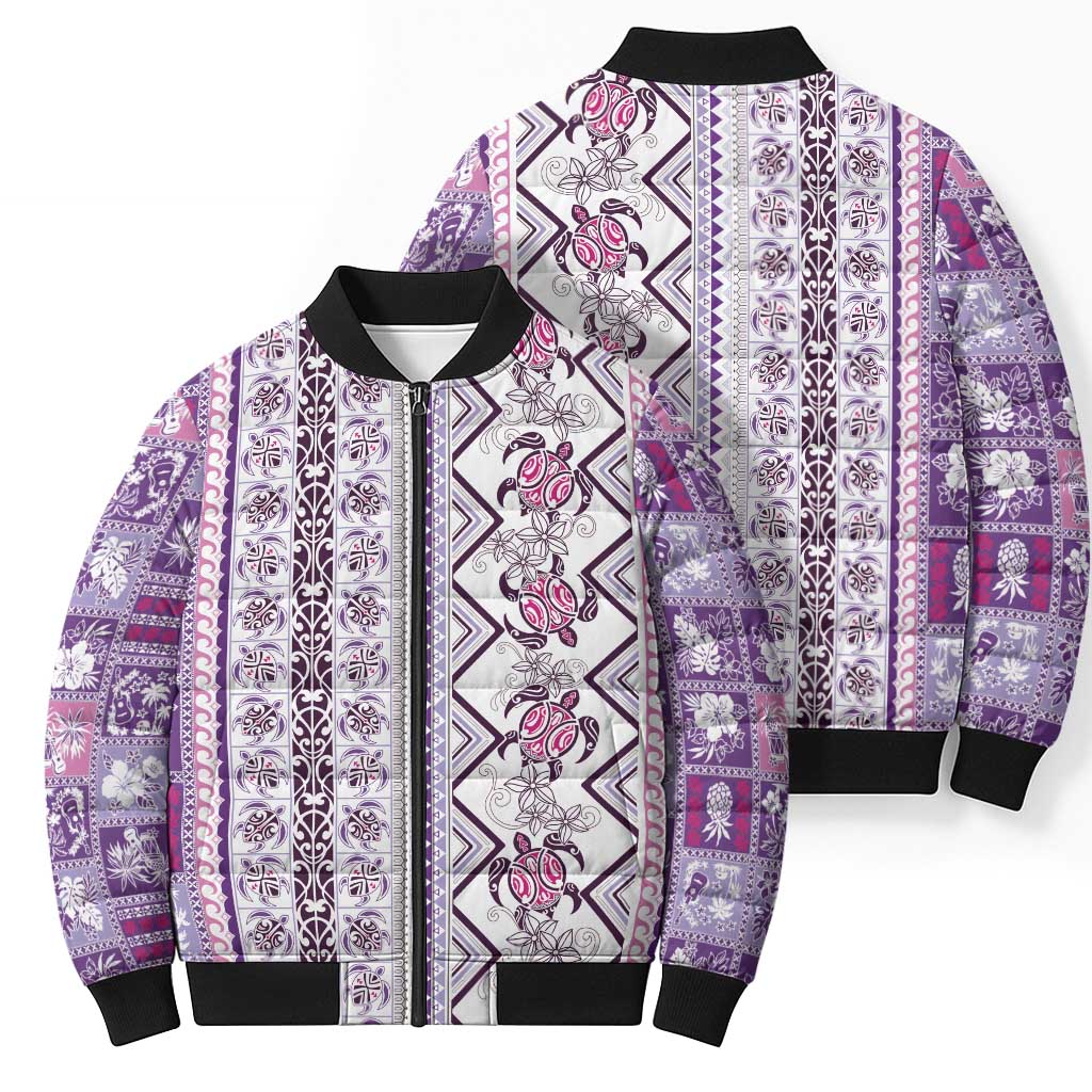 Hawaii Makahiki Turtle Bomber Puffer Jacket Violet Tapa Pattern - Polynesian Pride