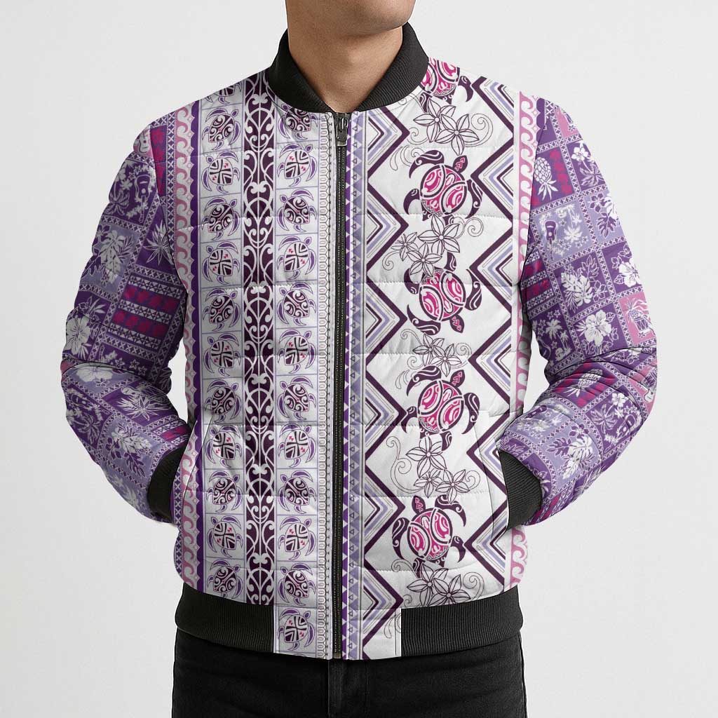 Hawaii Makahiki Turtle Bomber Puffer Jacket Violet Tapa Pattern - Polynesian Pride
