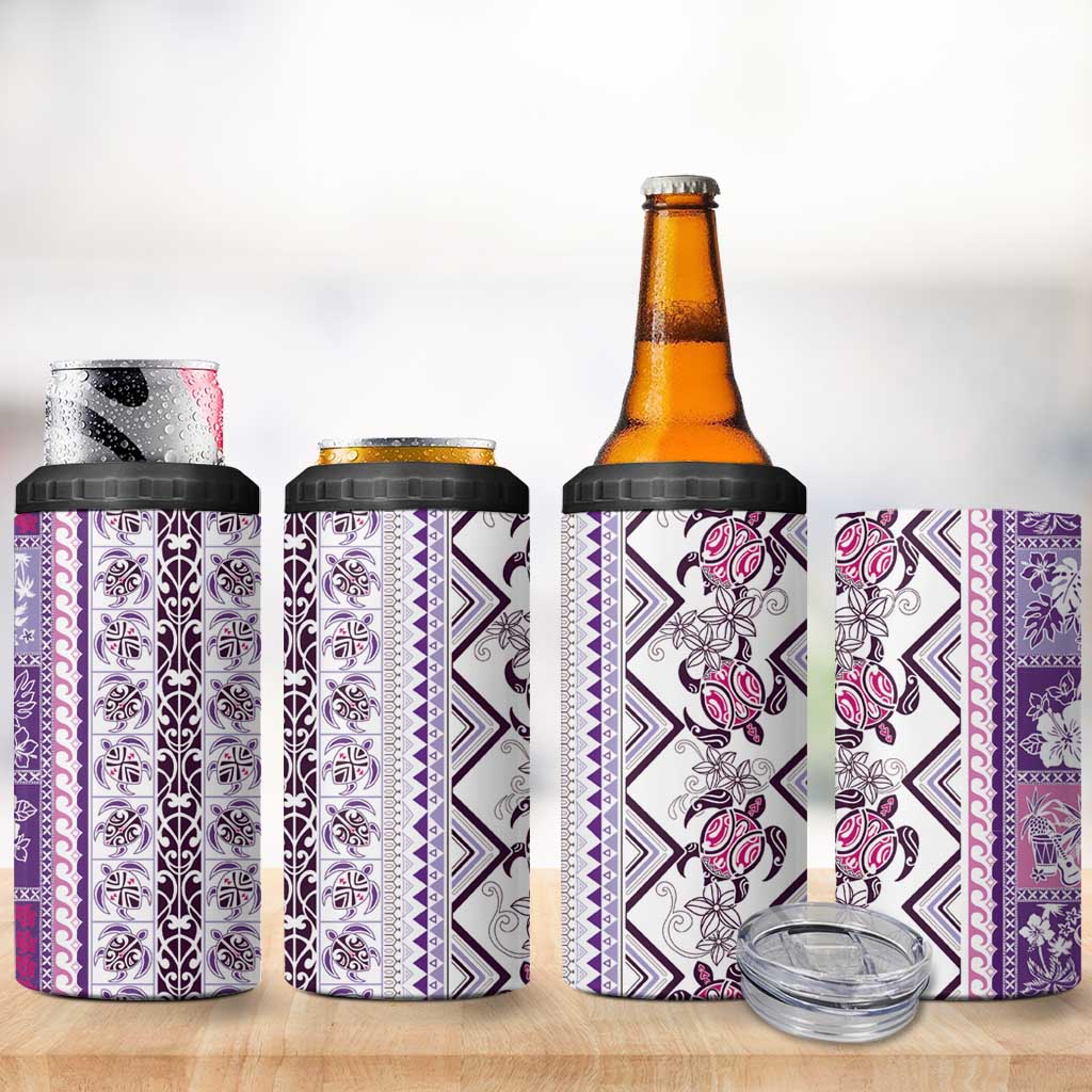 Hawaii Makahiki Turtle 4 in 1 Can Cooler Tumbler Violet Tapa Pattern - Polynesian Pride