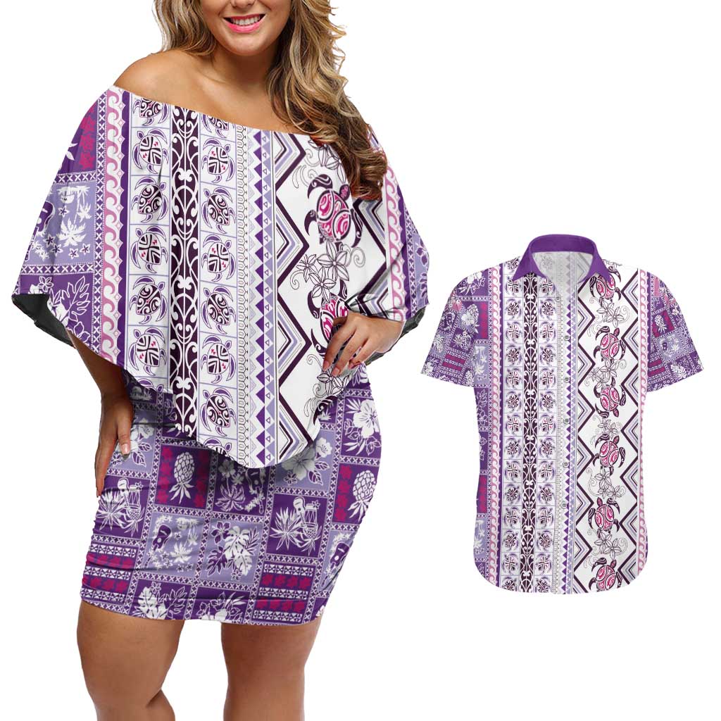 Hawaii Makahiki Turtle Couples Matching Off Shoulder Short Dress and Hawaiian Shirt Violet Tapa Pattern - Polynesian Pride