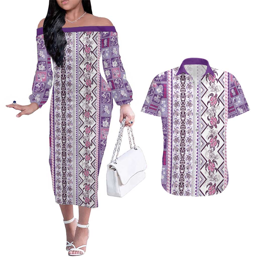Hawaii Makahiki Turtle Couples Matching Off The Shoulder Long Sleeve Dress and Hawaiian Shirt Violet Tapa Pattern - Polynesian Pride