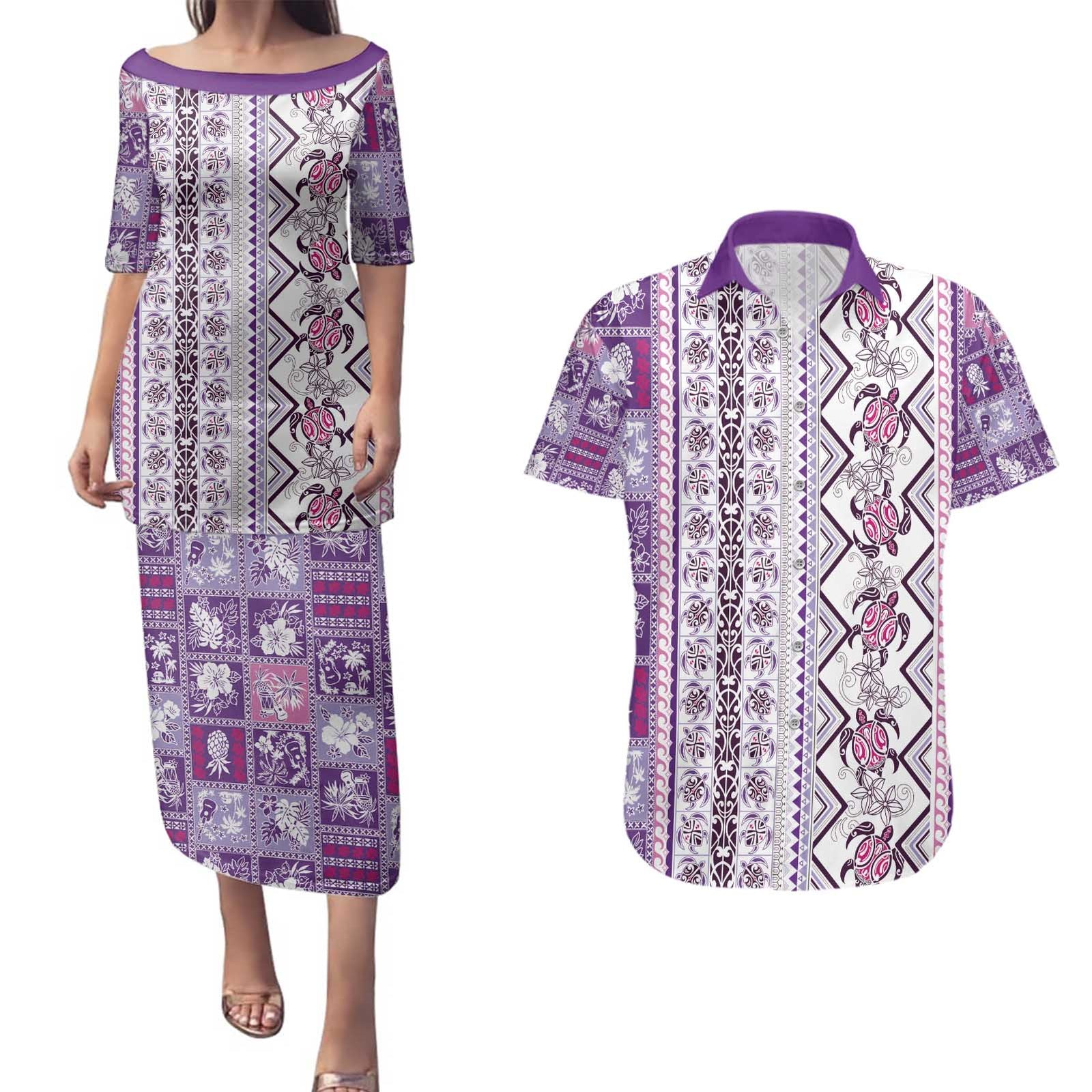 Hawaii Makahiki Turtle Couples Matching Puletasi and Hawaiian Shirt Violet Tapa Pattern - Polynesian Pride