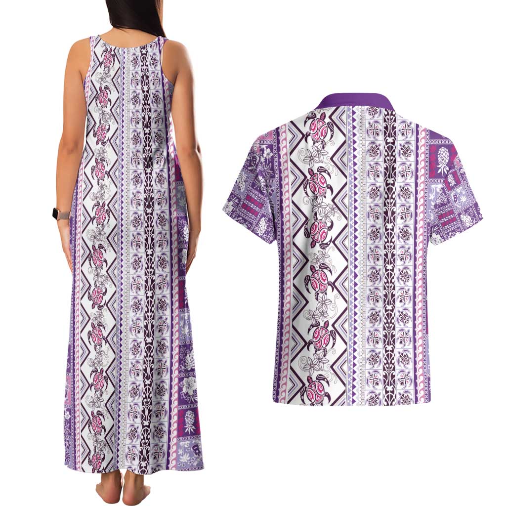 Hawaii Makahiki Turtle Couples Matching Tank Maxi Dress and Hawaiian Shirt Violet Tapa Pattern - Polynesian Pride