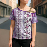 Hawaii Makahiki Turtle Cross Shoulder Shirt Violet Tapa Pattern - Polynesian Pride
