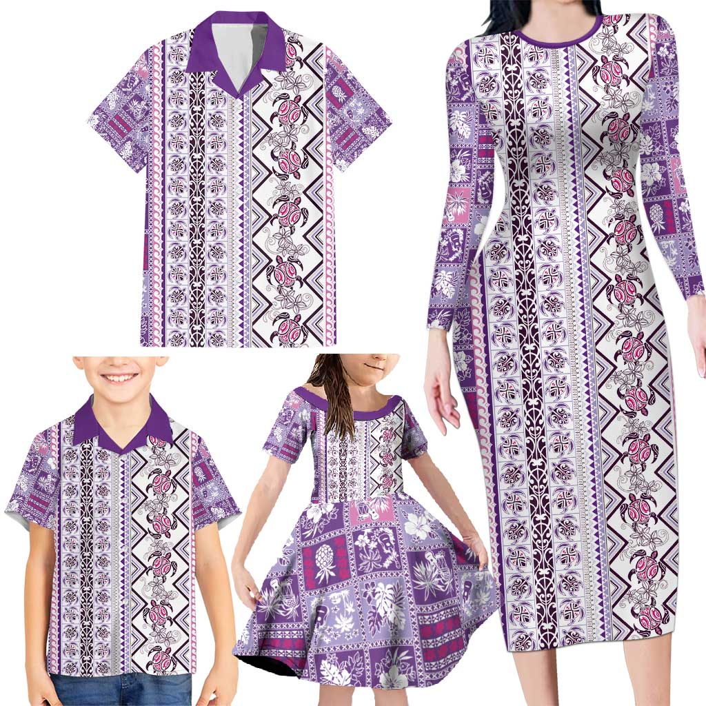 Hawaii Makahiki Turtle Family Matching Long Sleeve Bodycon Dress and Hawaiian Shirt Violet Tapa Pattern - Polynesian Pride