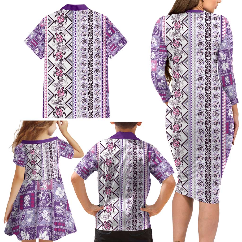 Hawaii Makahiki Turtle Family Matching Long Sleeve Bodycon Dress and Hawaiian Shirt Violet Tapa Pattern - Polynesian Pride
