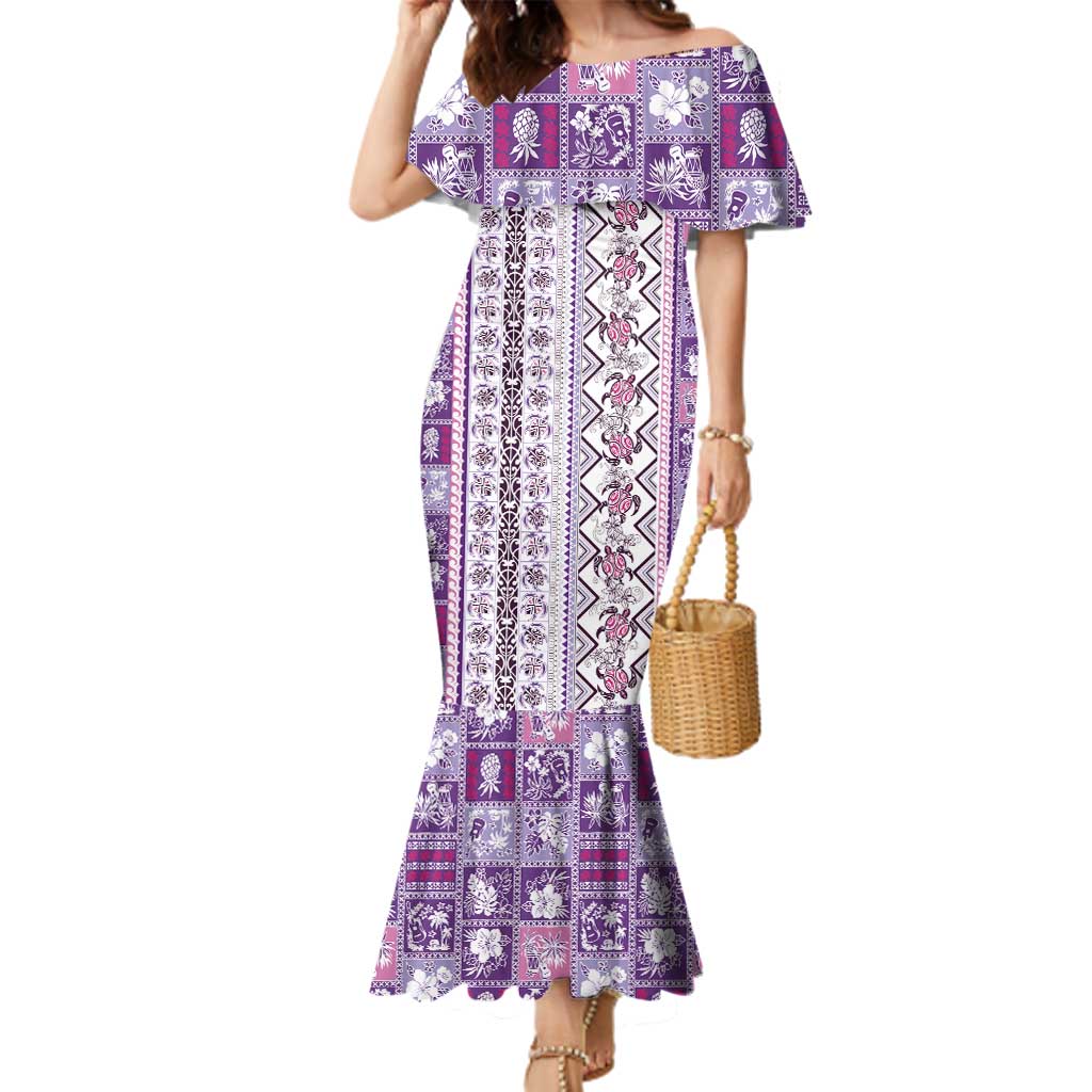 Hawaii Makahiki Turtle Family Matching Mermaid Dress and Hawaiian Shirt Violet Tapa Pattern - Polynesian Pride