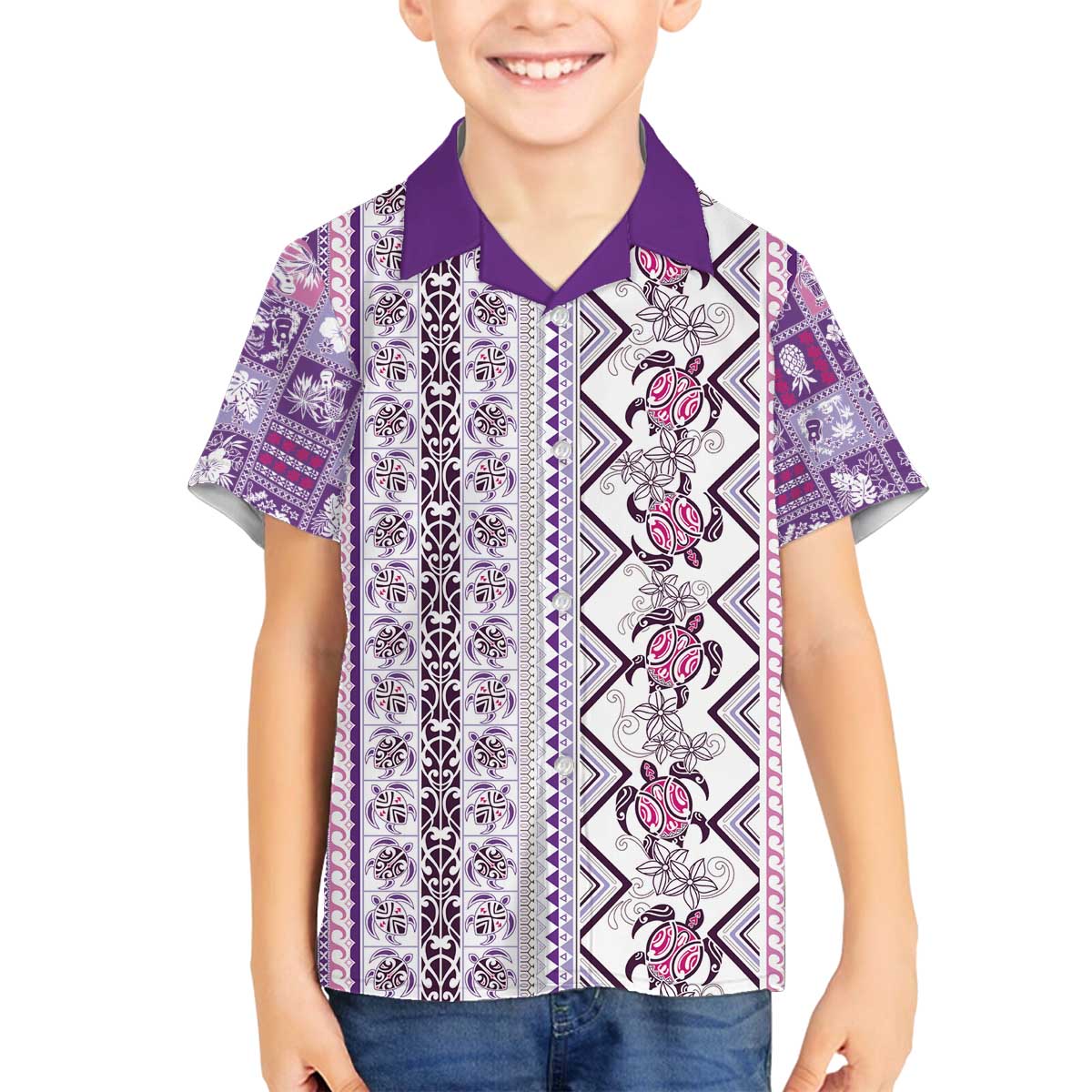Hawaii Makahiki Turtle Family Matching Off The Shoulder Long Sleeve Dress and Hawaiian Shirt Violet Tapa Pattern - Polynesian Pride