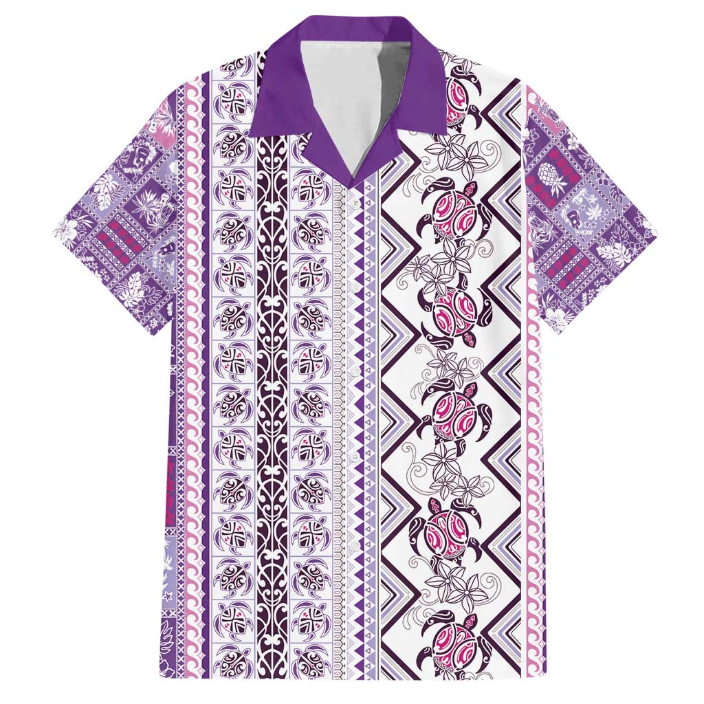 Hawaii Makahiki Turtle Family Matching Off Shoulder Short Dress and Hawaiian Shirt Violet Tapa Pattern - Polynesian Pride