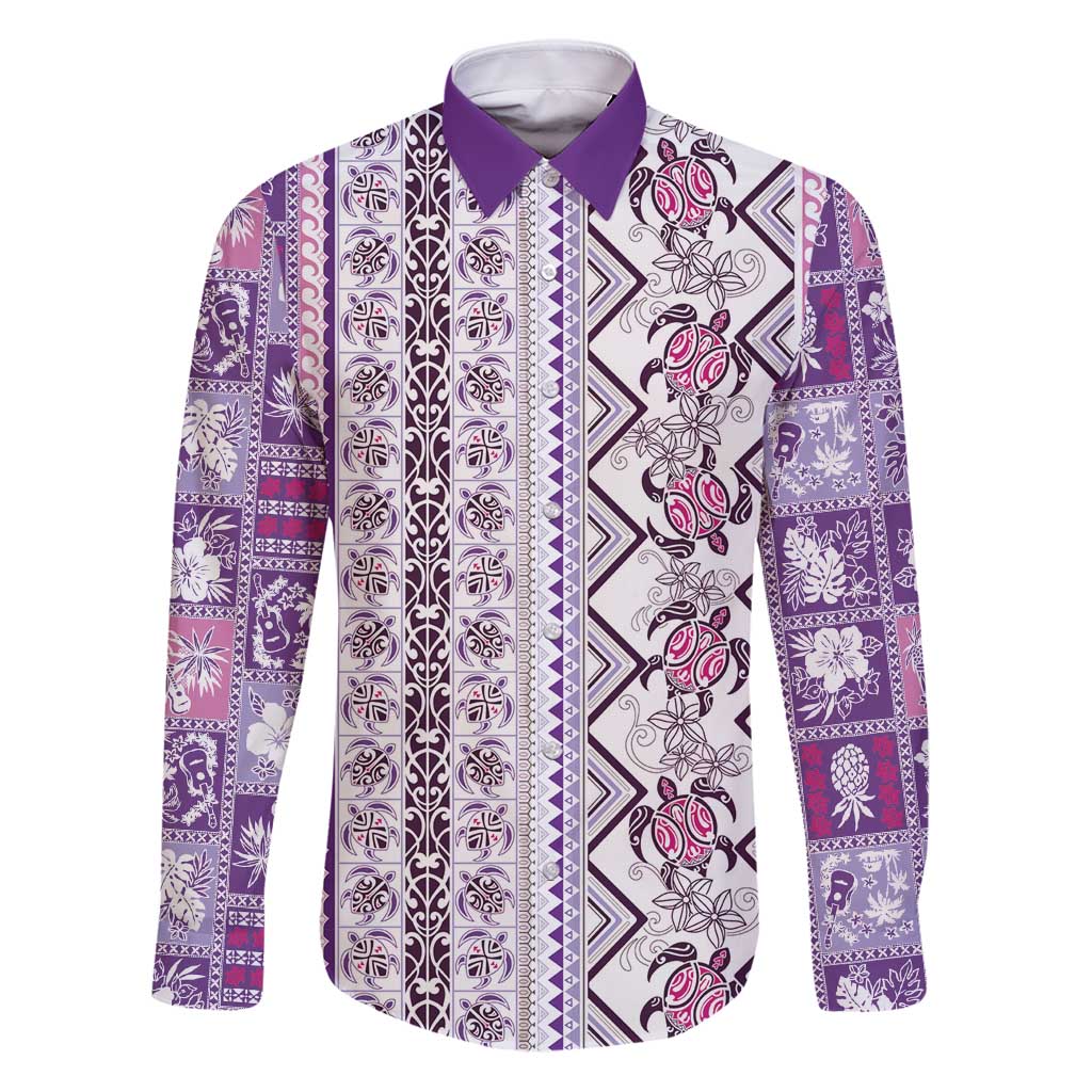 Hawaii Makahiki Turtle Family Matching Puletasi and Hawaiian Shirt Violet Tapa Pattern - Polynesian Pride