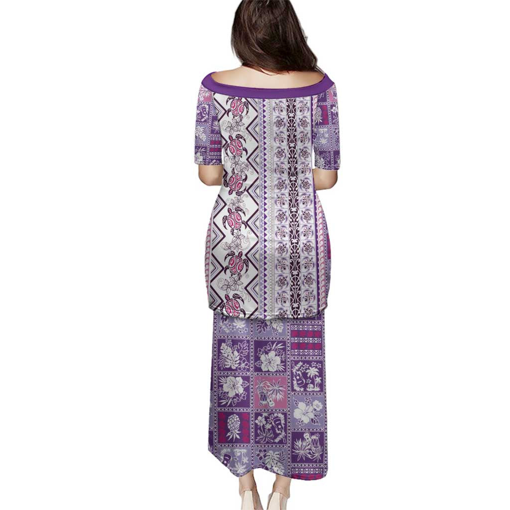 Hawaii Makahiki Turtle Family Matching Puletasi and Hawaiian Shirt Violet Tapa Pattern - Polynesian Pride