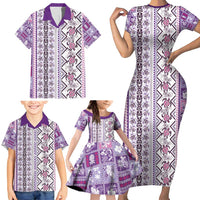 Hawaii Makahiki Turtle Family Matching Short Sleeve Bodycon Dress and Hawaiian Shirt Violet Tapa Pattern - Polynesian Pride