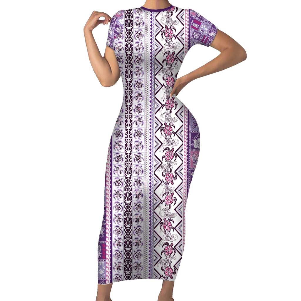 Hawaii Makahiki Turtle Family Matching Short Sleeve Bodycon Dress and Hawaiian Shirt Violet Tapa Pattern - Polynesian Pride