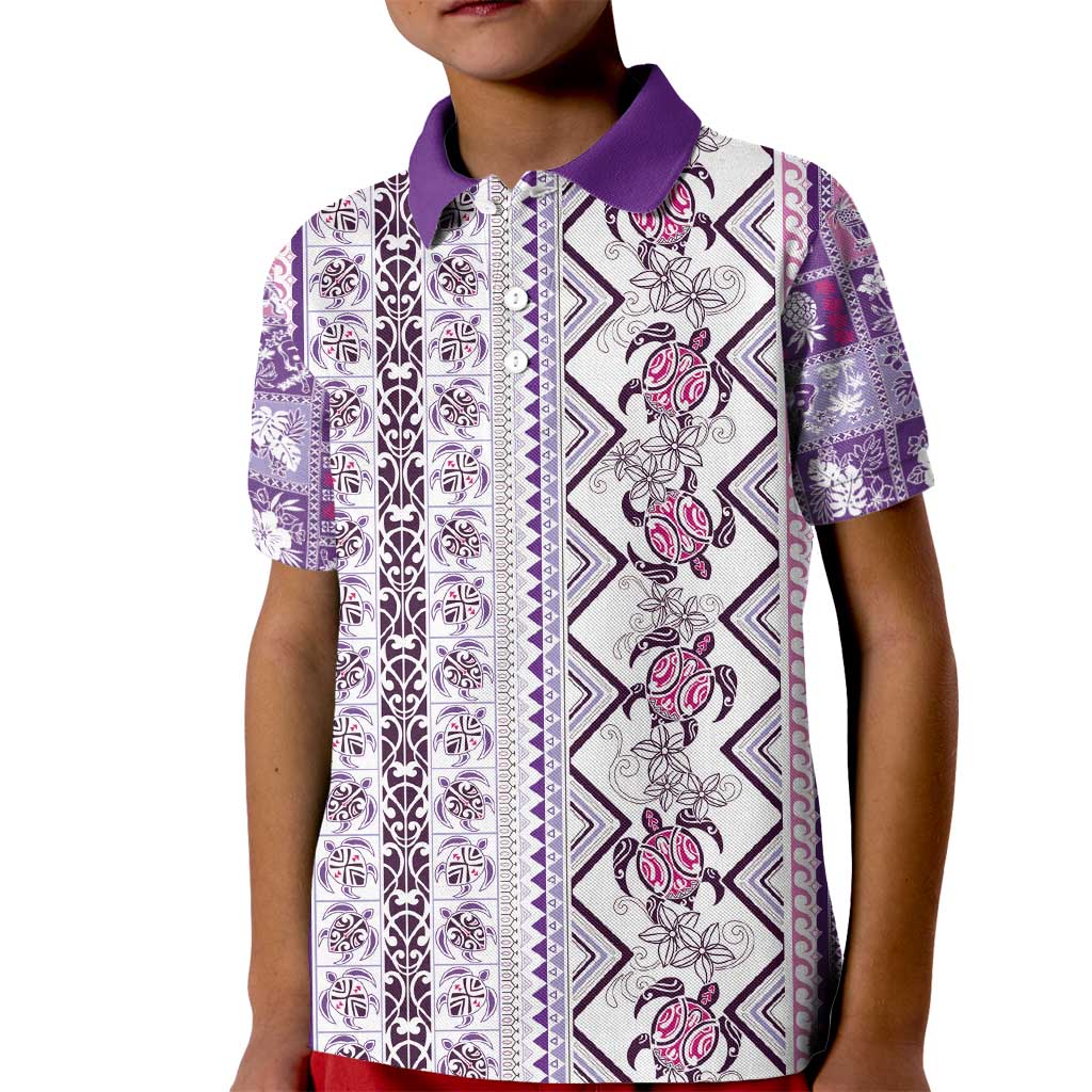 Hawaii Makahiki Turtle Kid Polo Shirt Violet Tapa Pattern - Polynesian Pride