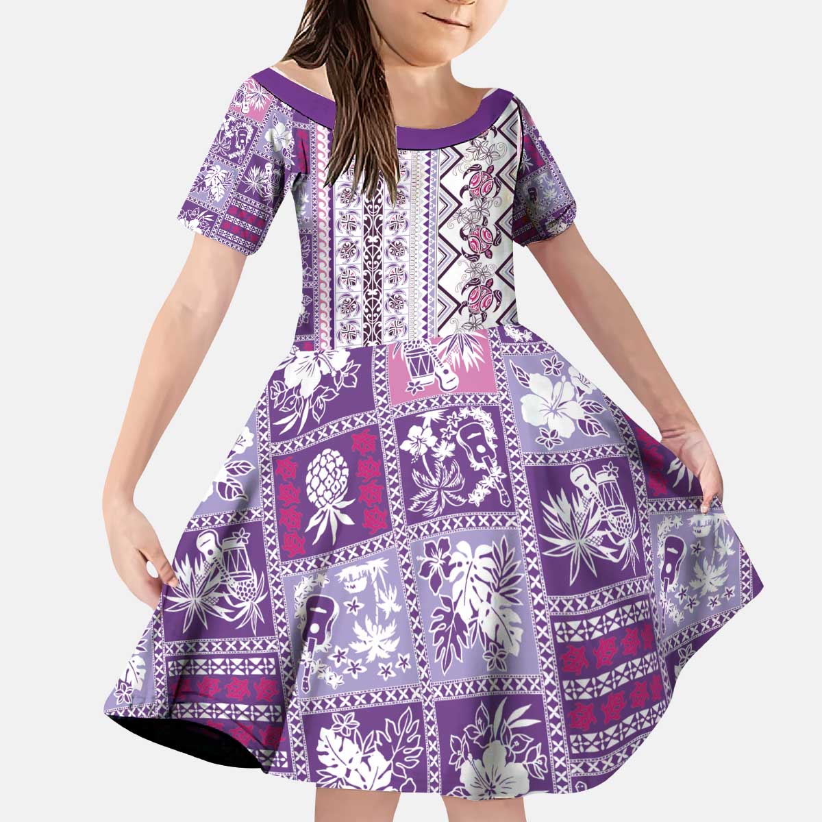 Hawaii Makahiki Turtle Kid Short Sleeve Dress Violet Tapa Pattern - Polynesian Pride