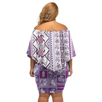 Hawaii Makahiki Turtle Off Shoulder Short Dress Violet Tapa Pattern - Polynesian Pride
