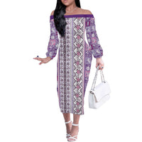 Hawaii Makahiki Turtle Off The Shoulder Long Sleeve Dress Violet Tapa Pattern - Polynesian Pride