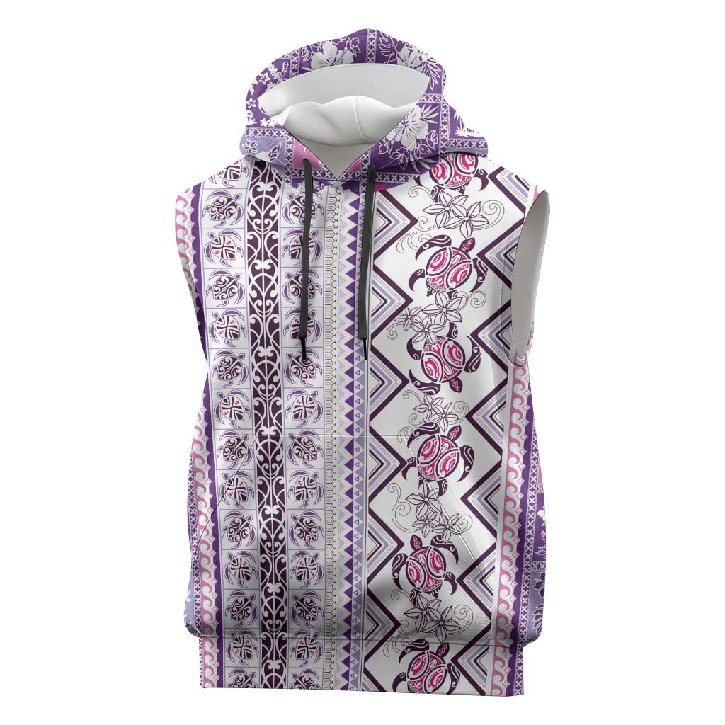 Hawaii Makahiki Turtle Sleeveless Hoodie Violet Tapa Pattern - Polynesian Pride