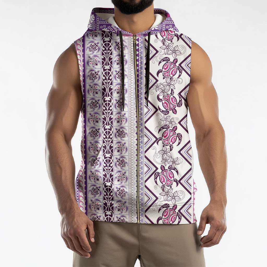 Hawaii Makahiki Turtle Sleeveless Zip Hoodie Violet Tapa Pattern - Polynesian Pride