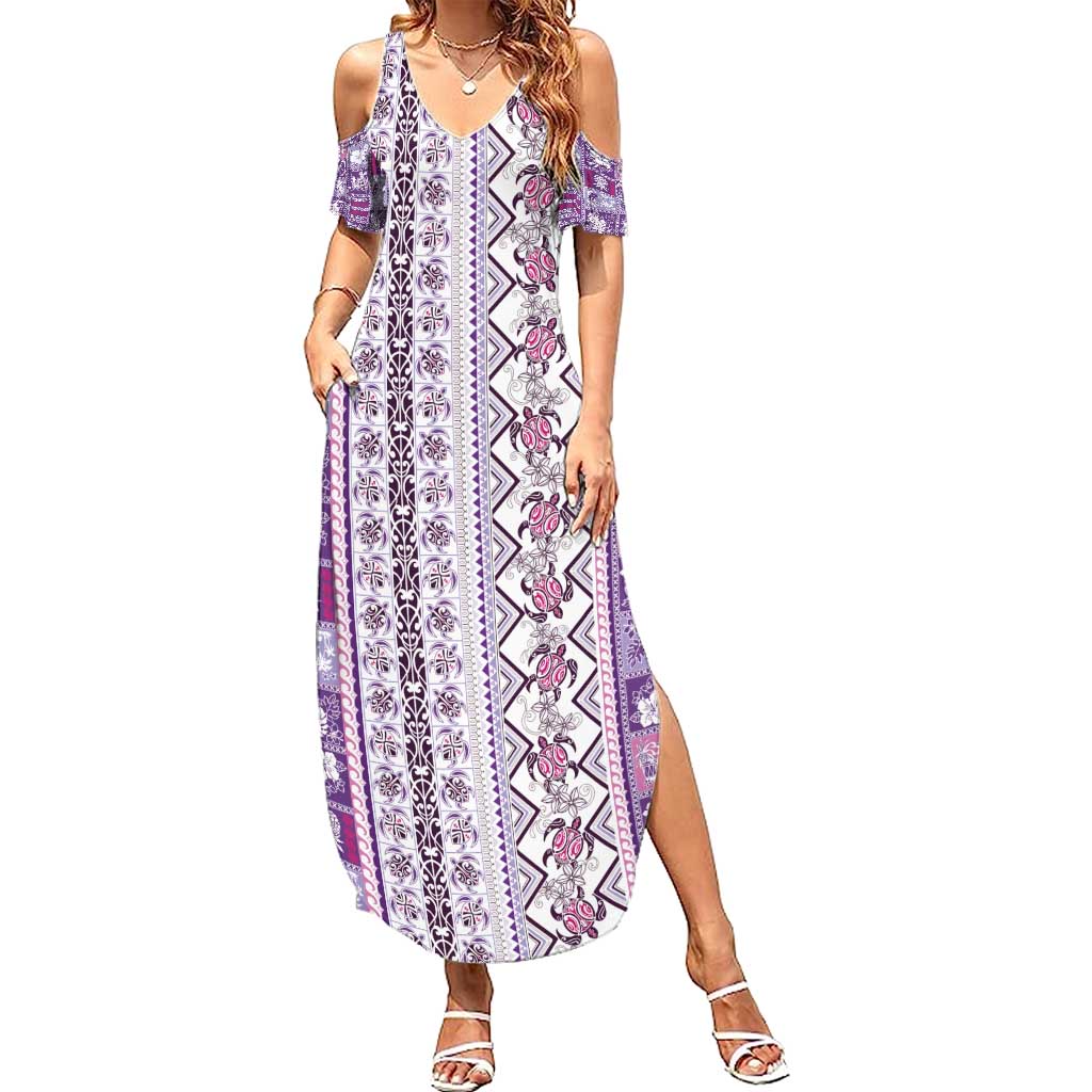 Hawaii Makahiki Turtle Summer Maxi Dress Violet Tapa Pattern - Polynesian Pride