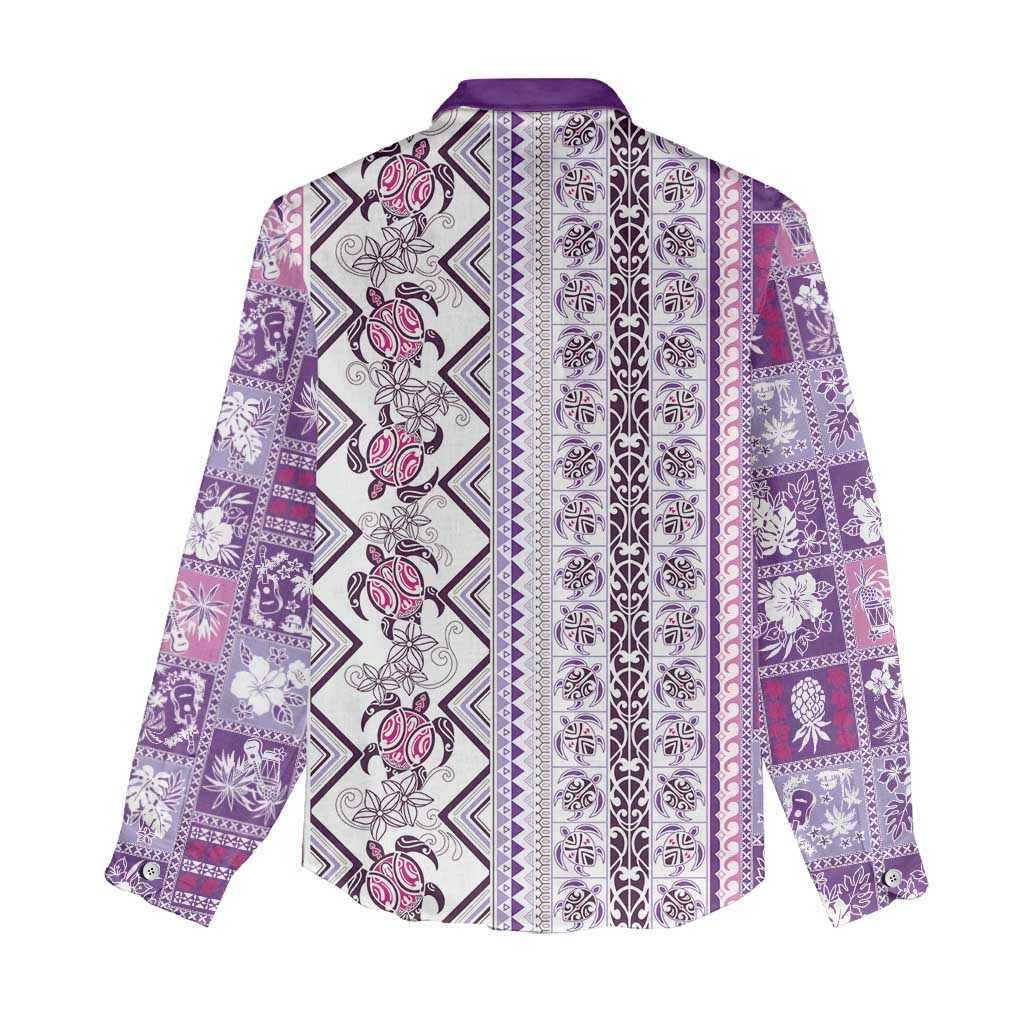 Hawaii Makahiki Turtle Women Casual Shirt Violet Tapa Pattern - Polynesian Pride
