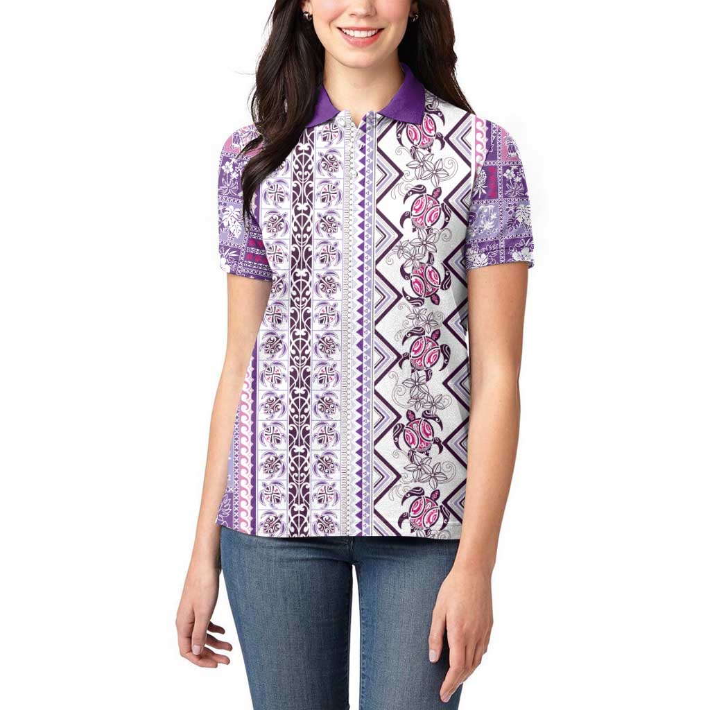 Hawaii Makahiki Turtle Women Polo Shirt Violet Tapa Pattern - Polynesian Pride