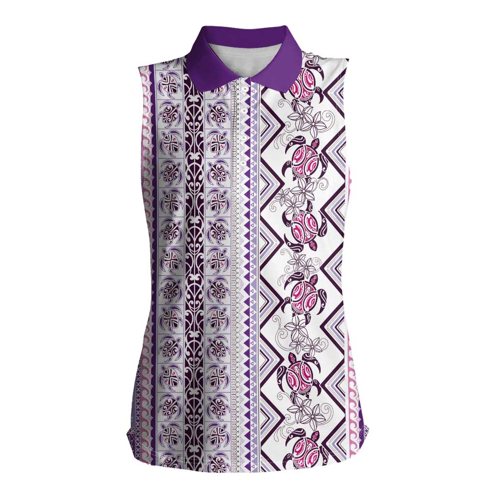 Hawaii Makahiki Turtle Women Sleeveless Polo Shirt Violet Tapa Pattern - Polynesian Pride