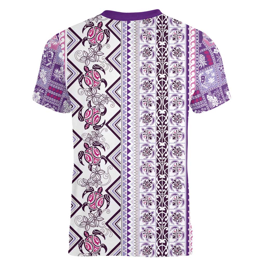 Hawaii Makahiki Turtle Women V-Neck T-Shirt Violet Tapa Pattern - Polynesian Pride
