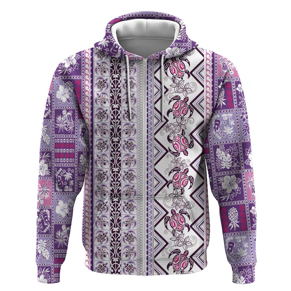 Hawaii Makahiki Turtle Zip Hoodie Violet Tapa Pattern - Polynesian Pride