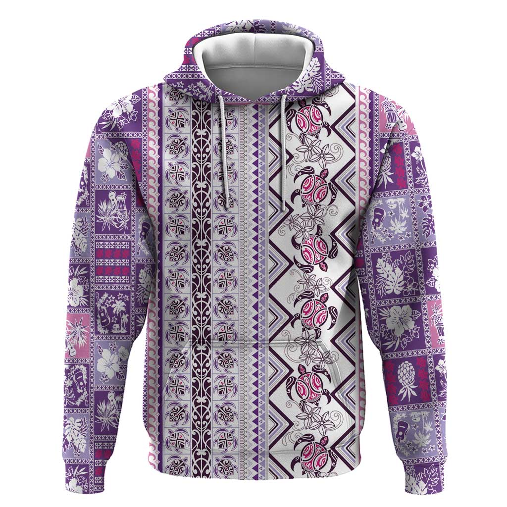 Hawaii Makahiki Turtle Zip Hoodie Violet Tapa Pattern - Polynesian Pride