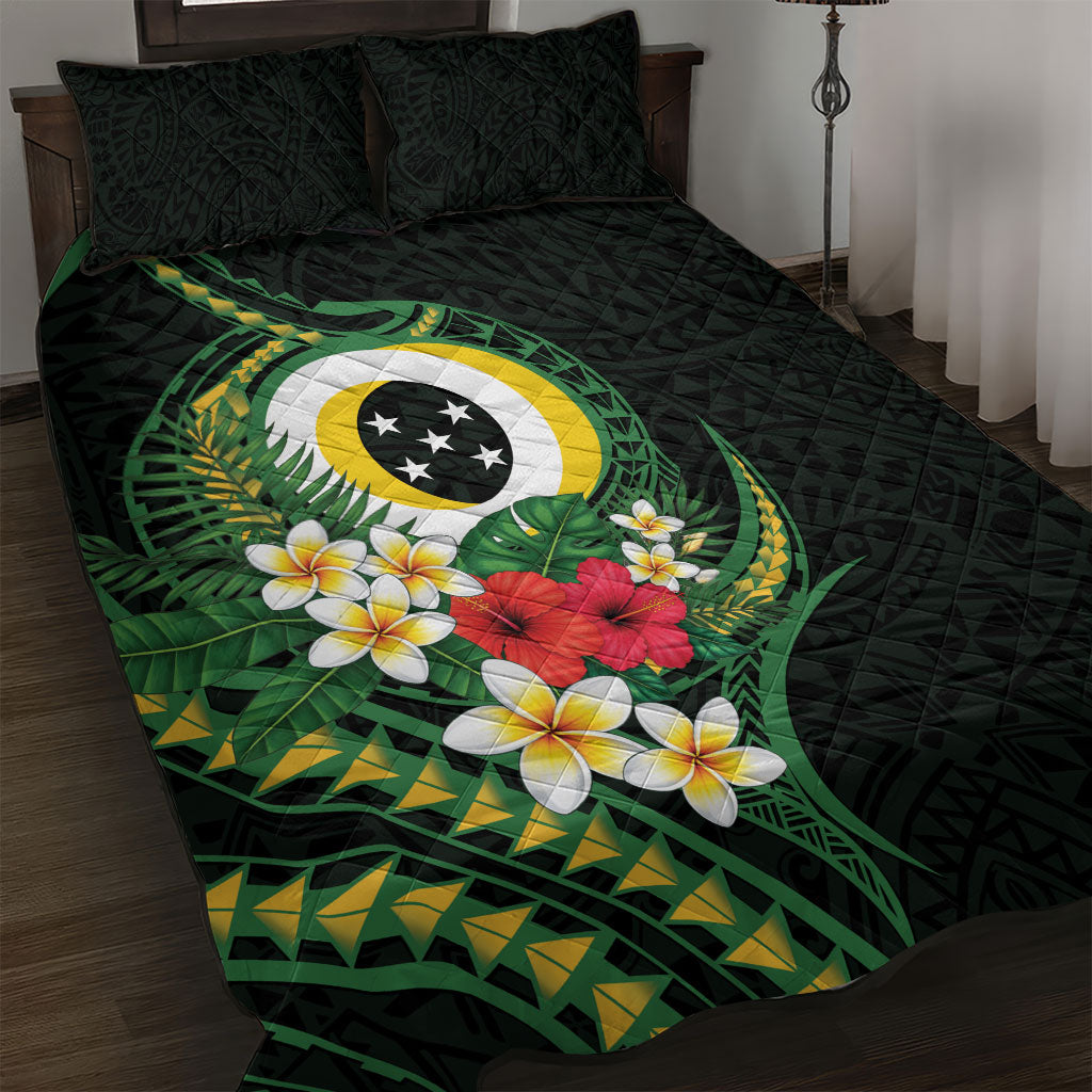 Solomon Islands Western Province Quilt Bed Set Polynesian Pattern With Tropical Flowers LT05 Green - Polynesian Pride