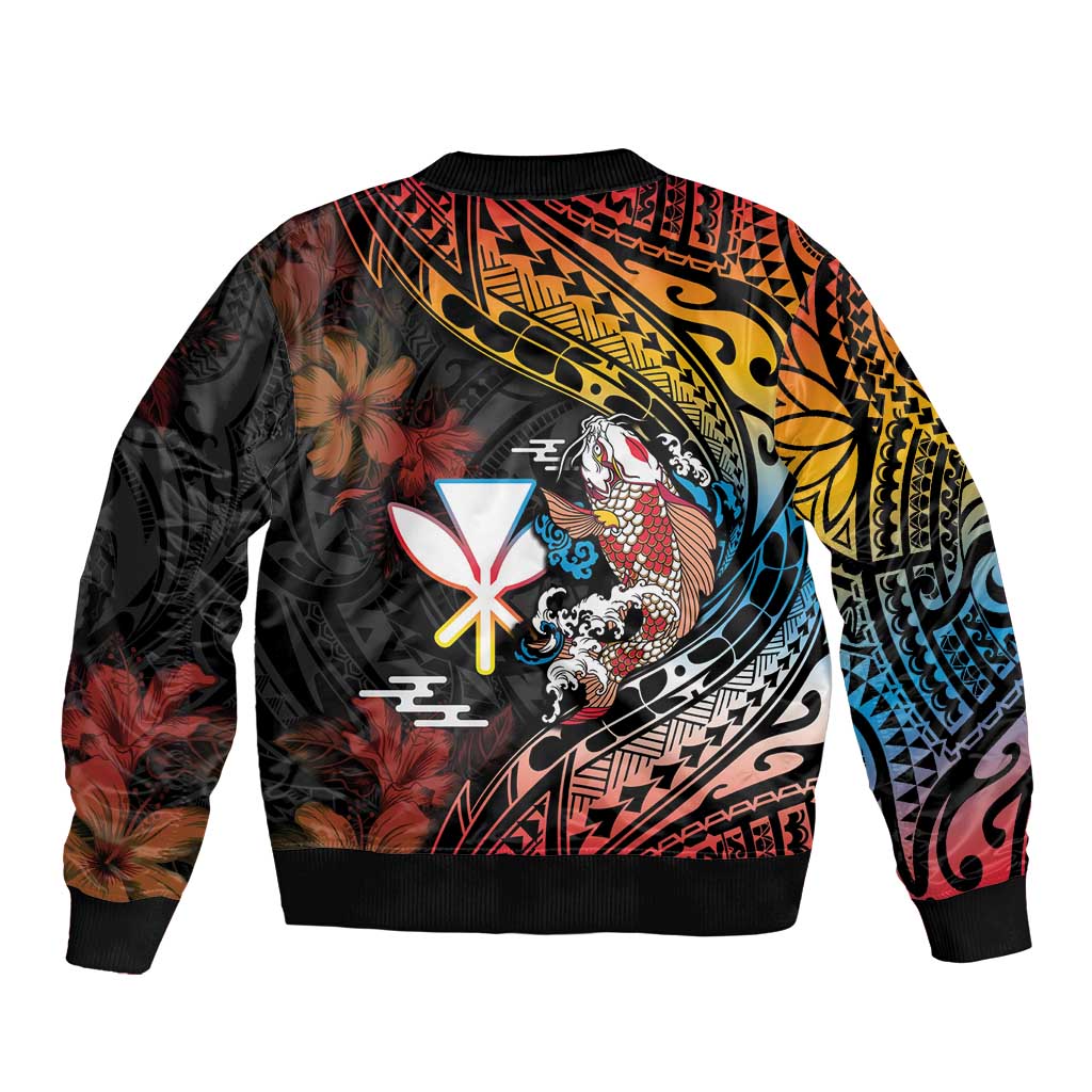 Hawaii And Japan Bomber Jacket Koi Fish With Kanaka Maoli