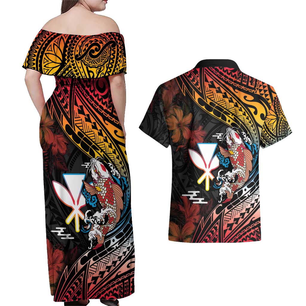 Hawaii And Japan Couples Matching Off Shoulder Maxi Dress and Hawaiian Shirt Koi Fish With Kanaka Maoli
