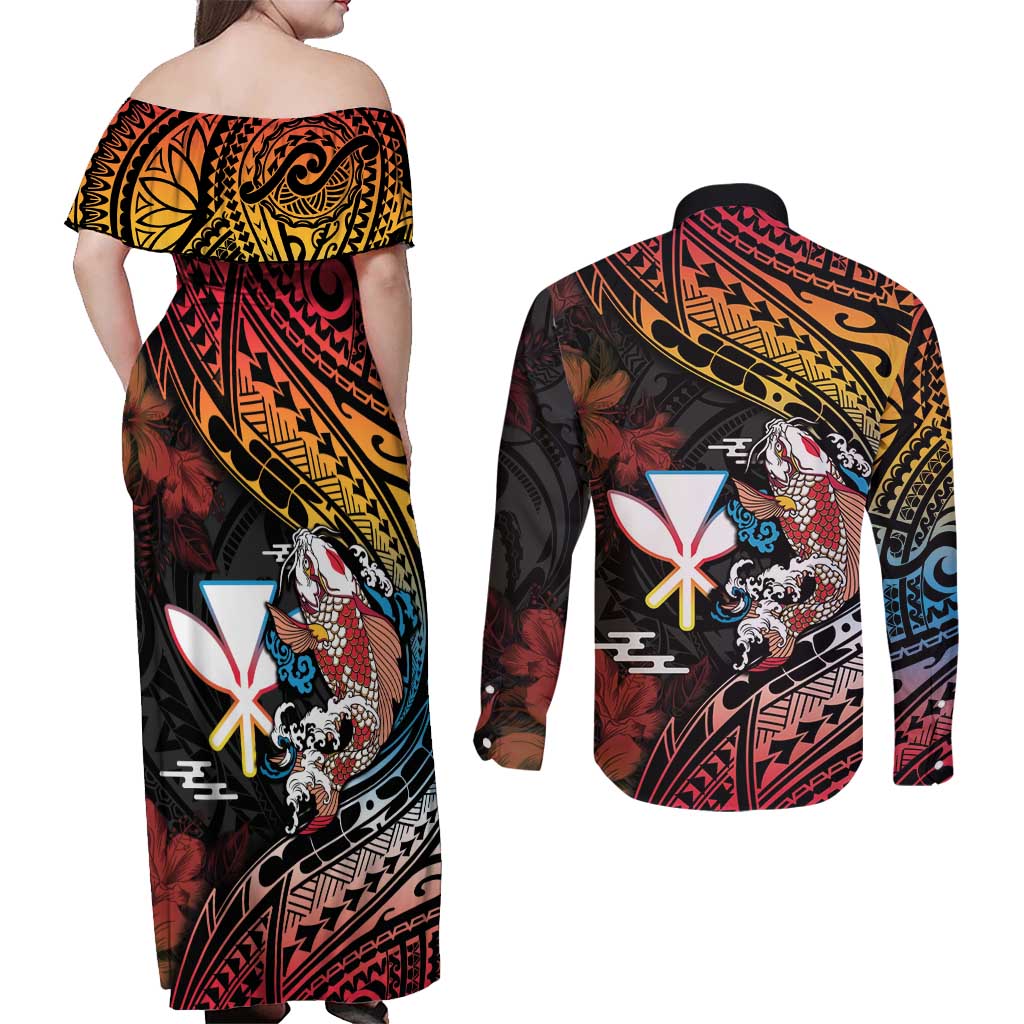 Hawaii And Japan Couples Matching Off Shoulder Maxi Dress and Long Sleeve Button Shirt Koi Fish With Kanaka Maoli