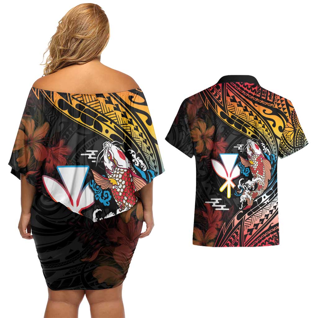 Hawaii And Japan Couples Matching Off Shoulder Short Dress and Hawaiian Shirt Koi Fish With Kanaka Maoli