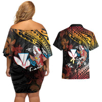 Hawaii And Japan Couples Matching Off Shoulder Short Dress and Hawaiian Shirt Koi Fish With Kanaka Maoli