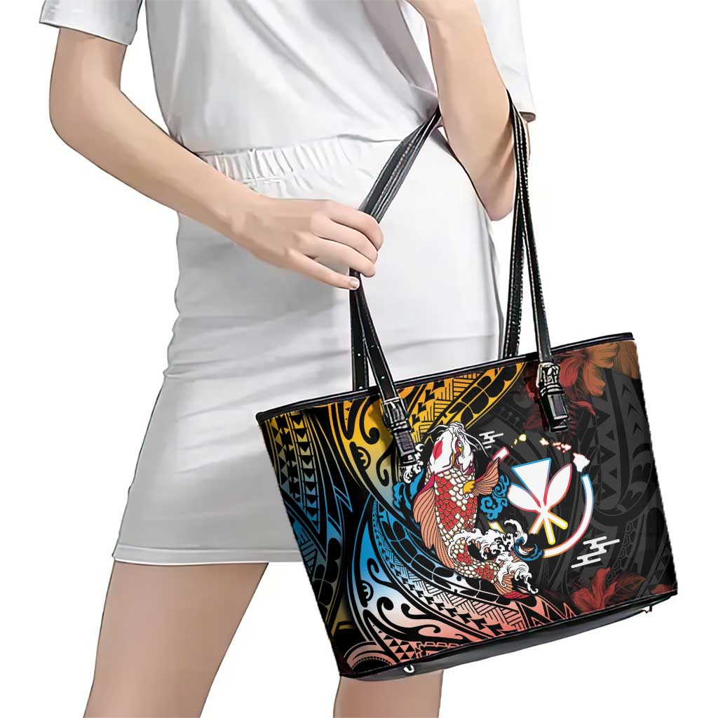 Hawaii And Japan Leather Tote Bag Koi Fish With Kanaka Maoli