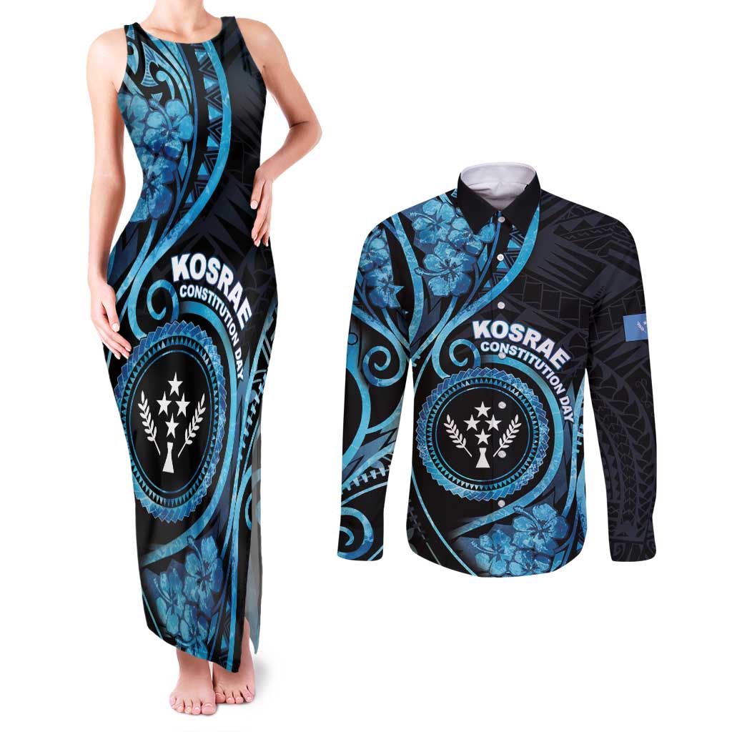 Personalised Kosrae Constitution Day Couples Matching Tank Maxi Dress and Long Sleeve Button Shirt Ocean Floral Pattern LT05 Black - Polynesian Pride
