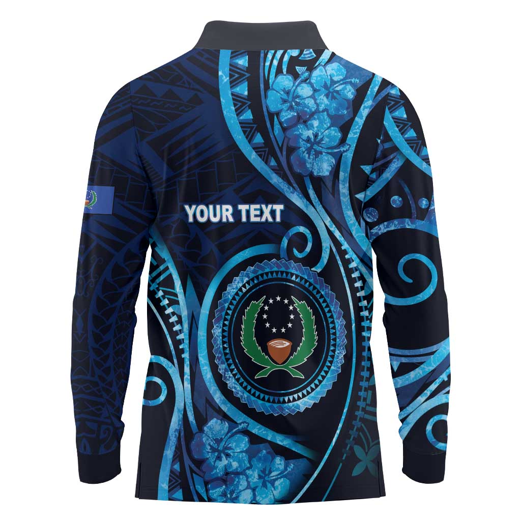 Personalised FSM Pohnpei Long Sleeve Polo Shirt Ocean Floral Pattern