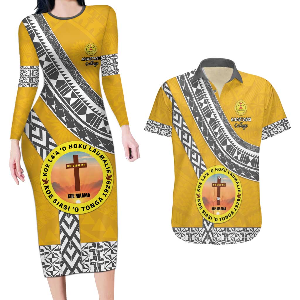 Personalised Anastasis College Couples Matching Long Sleeve Bodycon Dress and Hawaiian Shirt Tonga Unique Style LT05 Yellow - Polynesian Pride
