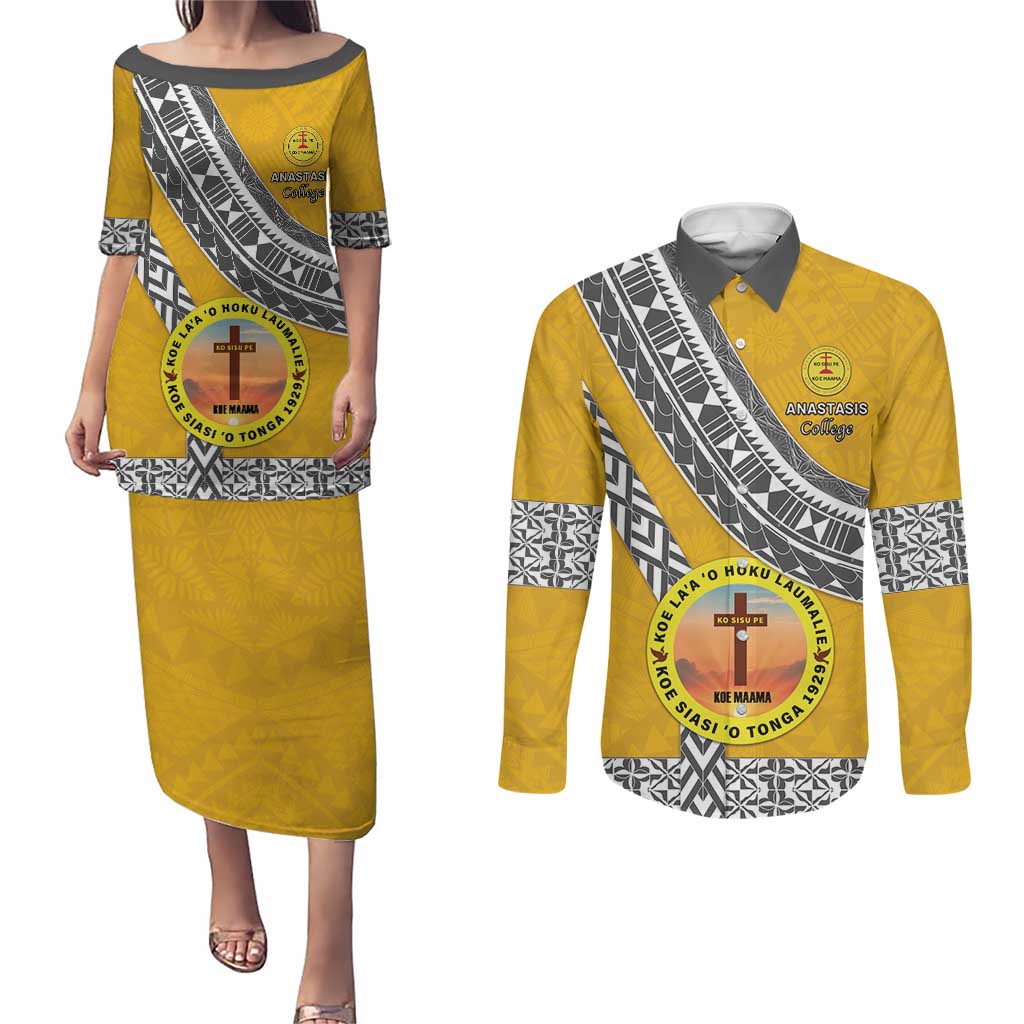 Personalised Anastasis College Couples Matching Puletasi and Long Sleeve Button Shirt Tonga Unique Style - Polynesian Pride