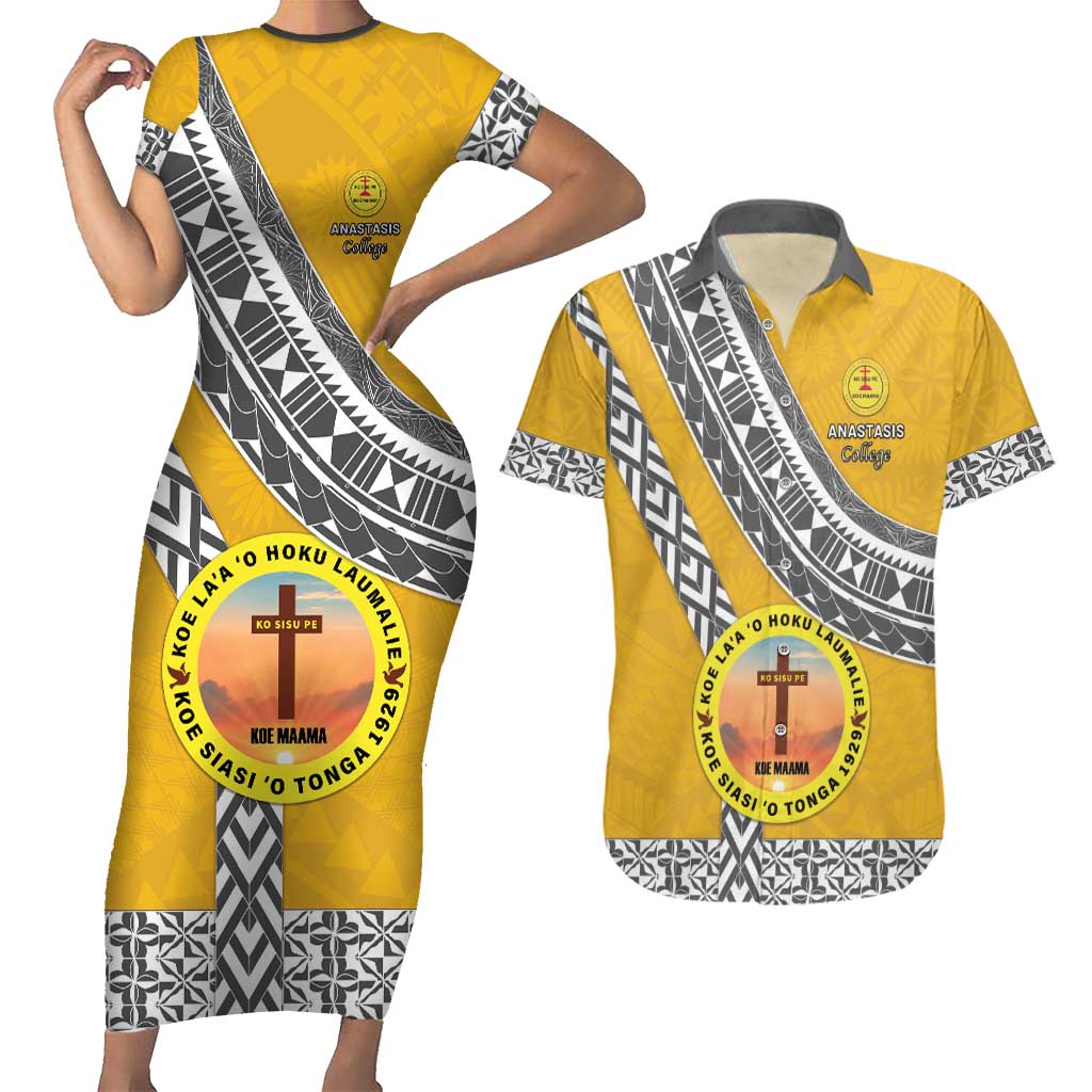 Personalised Anastasis College Couples Matching Short Sleeve Bodycon Dress and Hawaiian Shirt Tonga Unique Style - Polynesian Pride