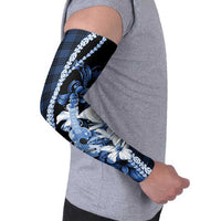 Hawaii Ukulele Arm Sleeves Tropical Flowers With Palaka Effect Blue Version - Polynesian Pride