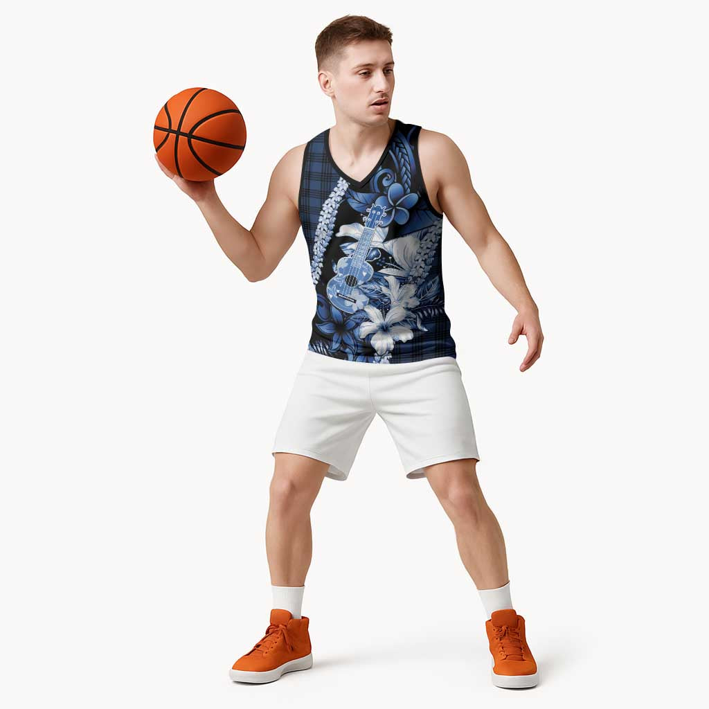 Hawaii Ukulele Basketball Jersey Tropical Flowers With Palaka Effect Blue Version - Polynesian Pride