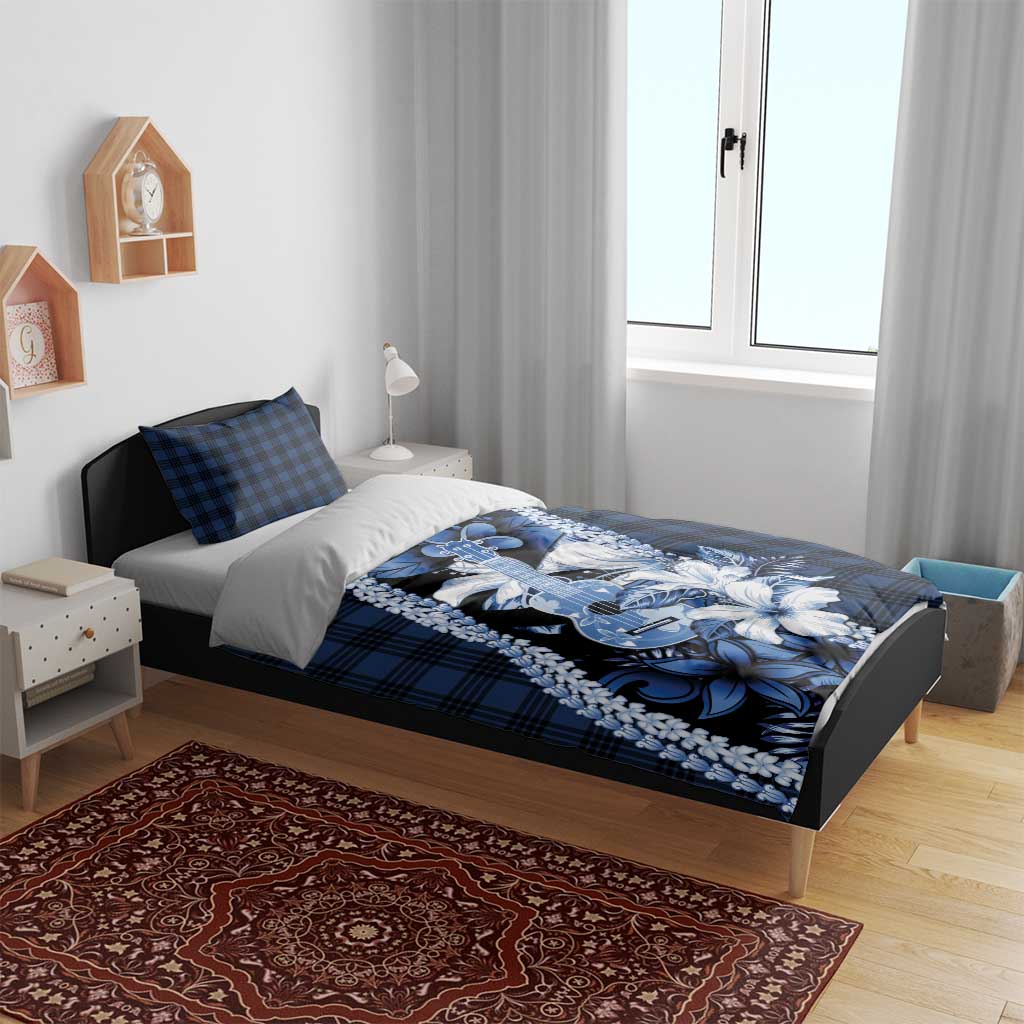 Hawaii Ukulele Bedding Set Tropical Flowers With Palaka Effect Blue Version - Polynesian Pride