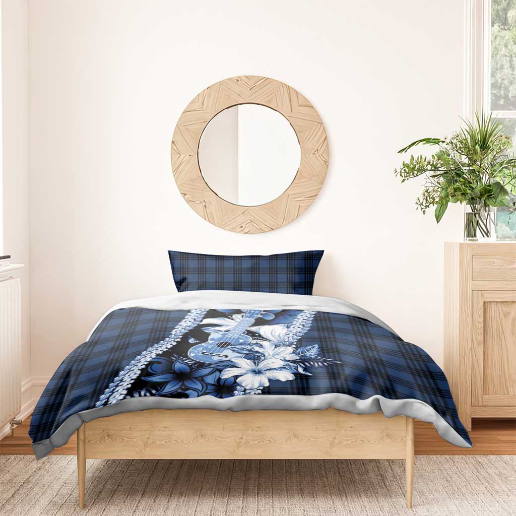 Hawaii Ukulele Bedding Set Tropical Flowers With Palaka Effect Blue Version - Polynesian Pride